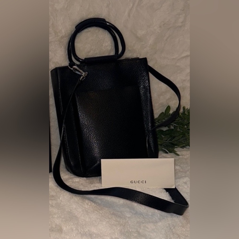 GUCCI🖤bracelet Sm Diana black leather tote 2way Vintage Authentic 10x8x3 inches